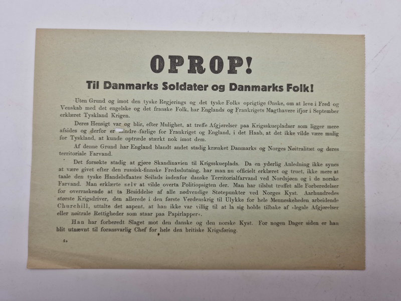 Originalt Oprop - Nedkastet over bl.a. Danmark 9 april 1940 