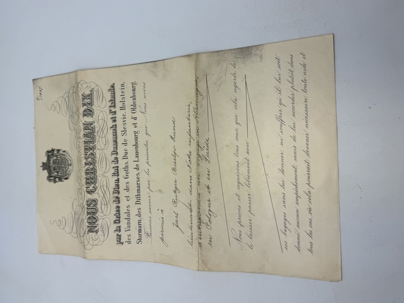 Original rejsetilladelse for Dansk Garderofficer, underskrevet af krigsminister Alsing Emanuel Andersen (5. februar 1893 i København - 5. december 1962 smst) 