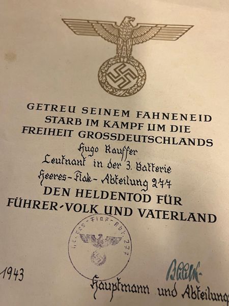 Sjældent originalt urkunde for falden officer WW"