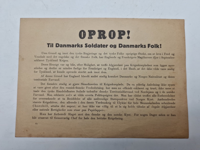 Originalt Oprop - nedkastet over Danmark 9 april 1940