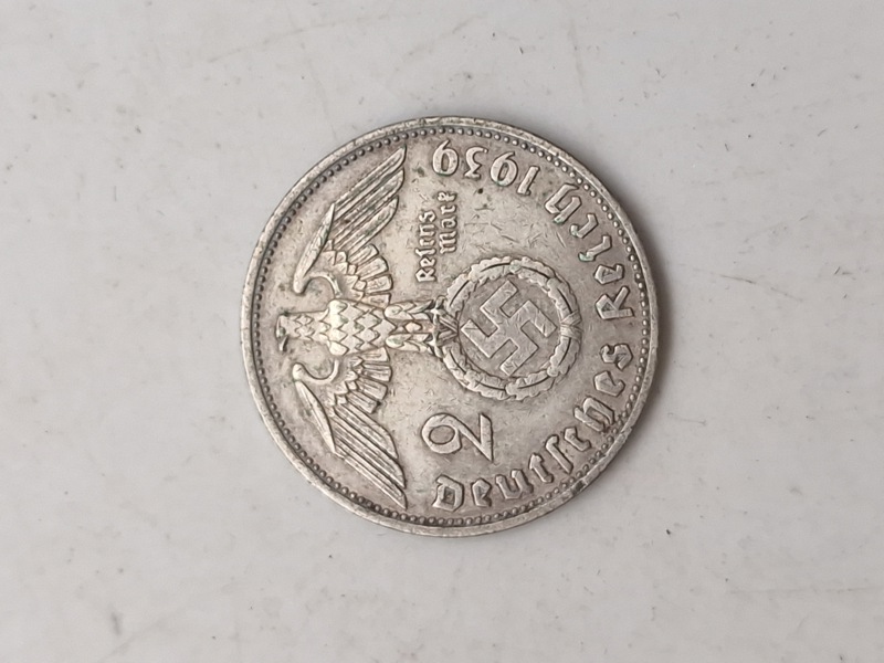Sølvmønt tysk 2 mark 1939 med hagekors