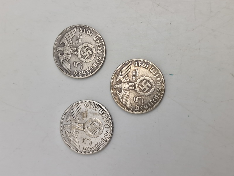 3 stk originale 5 Reichmark sølv mønter