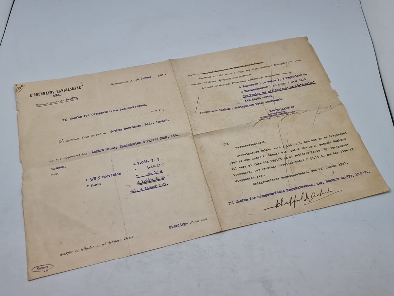 Original faktura sendt fra Handelsbanken til chefen for orlogsværftet i 1921