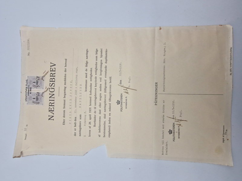 Næringsbrev fra Politimesteren i Nykøbing Falster 1958