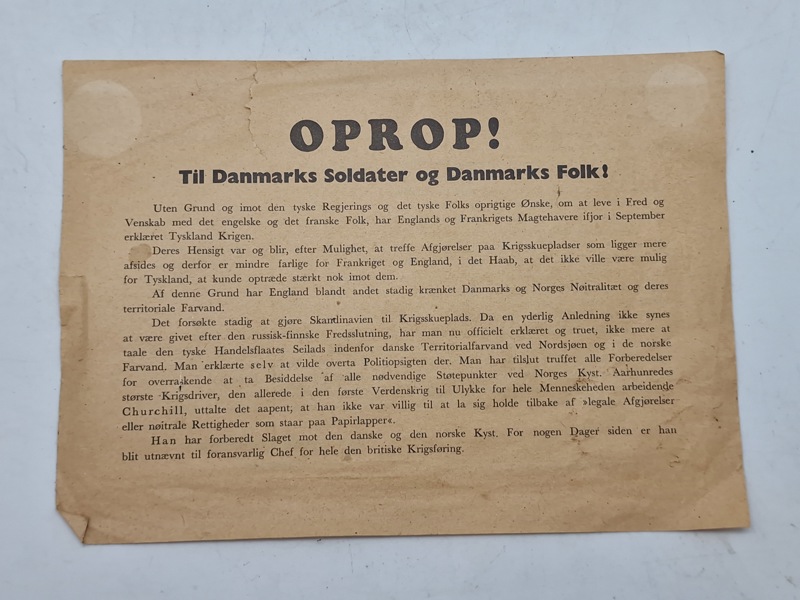 Originalt Oprop - nedkastet over store danske byer 9 april 1940