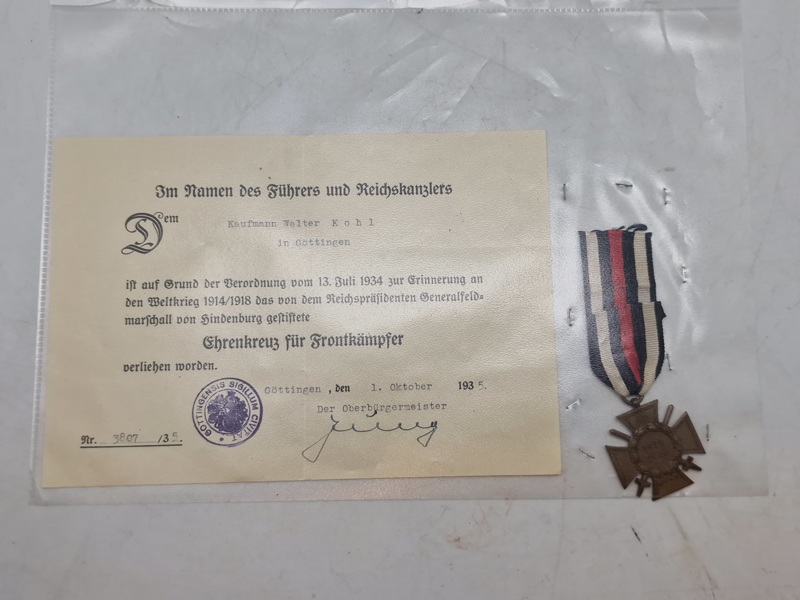 Originalt tysk Hindenburg cross med urkunde - ww1/ww2