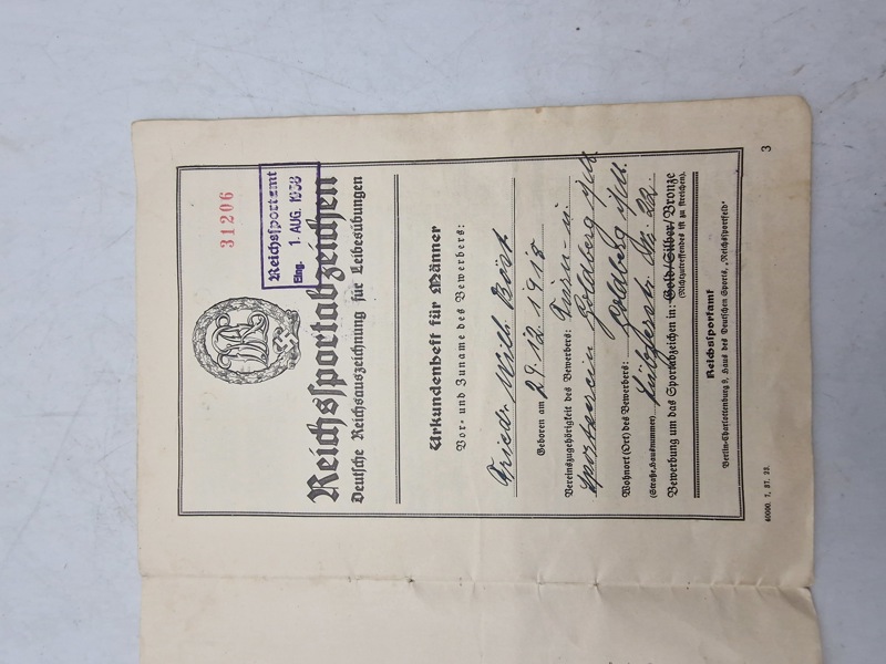Originalt urkunde for sportsabzeichen - ww2