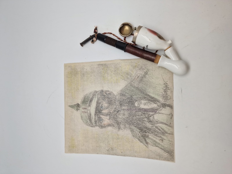 Originalt tysk ww1 lot 1914 julegave pibe og tegning med modtageren