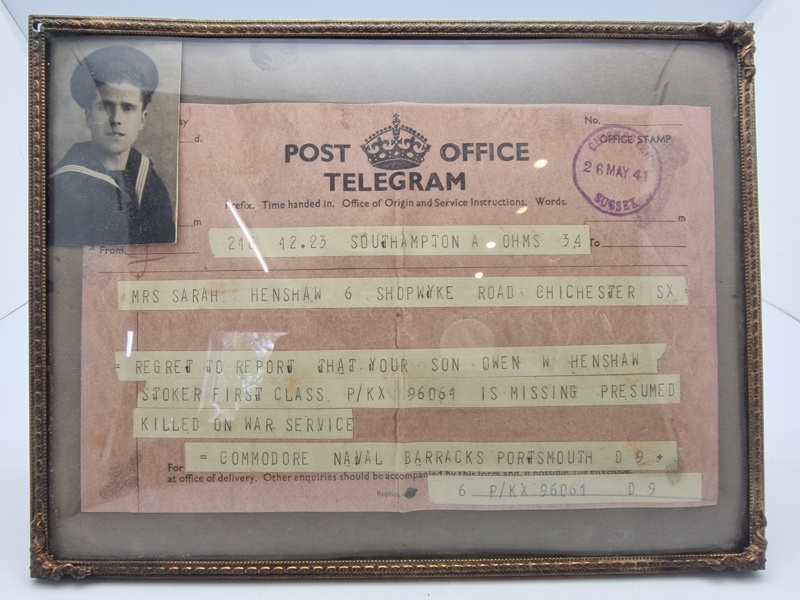 Originalt telegram sendt til falden sømands forældre HMS. Hood