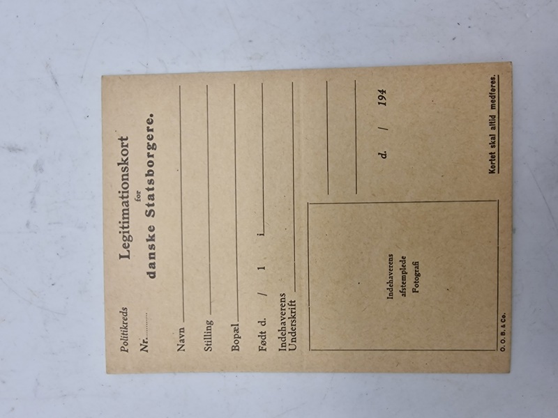 Originalt ww2 legitimationskort - ubrugt, og ofte anvendt af modstandsbevægelsen til at forfalske id med