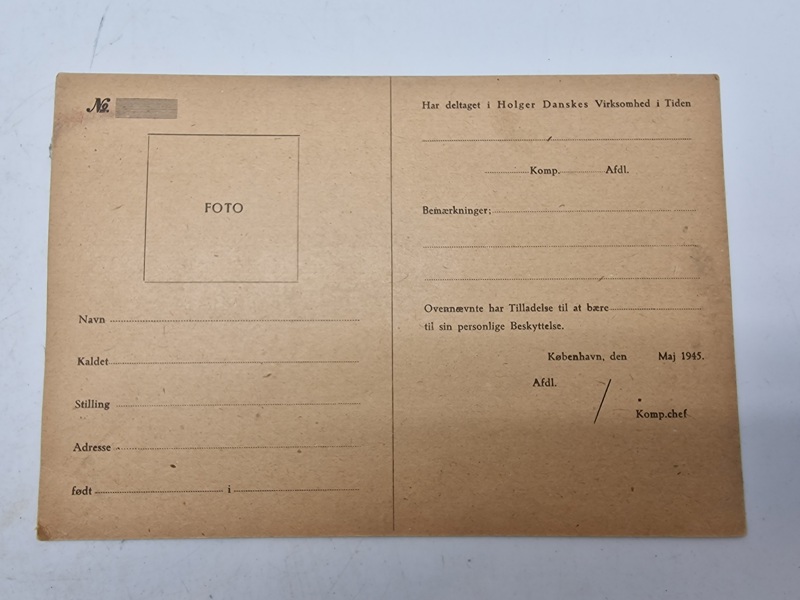 Originalt ubrugt id kort fra Holger Danske modstandsbevægelse