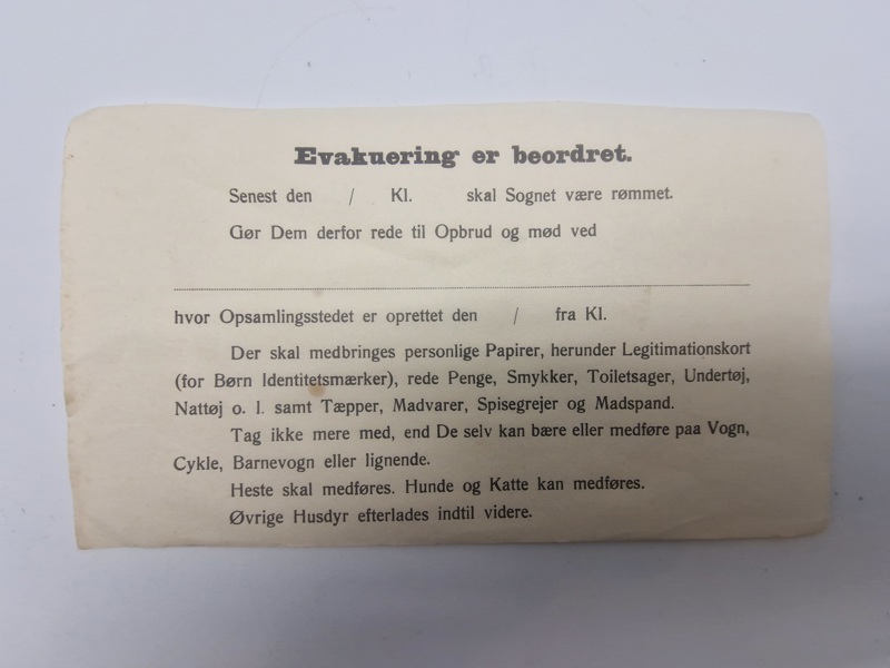Original evakueringsseddel fra ww2 (Ubrugt)