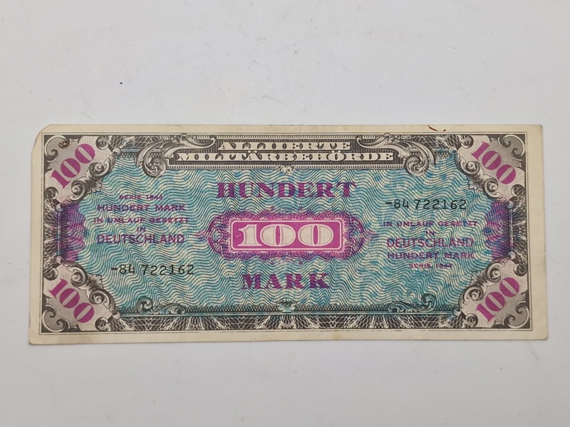 100 Mark Allied Military Currency (AMC) pengeseddel fra 1944, udstedt til brug i Tyskland under og umiddelbart efter Anden Verdenskrig