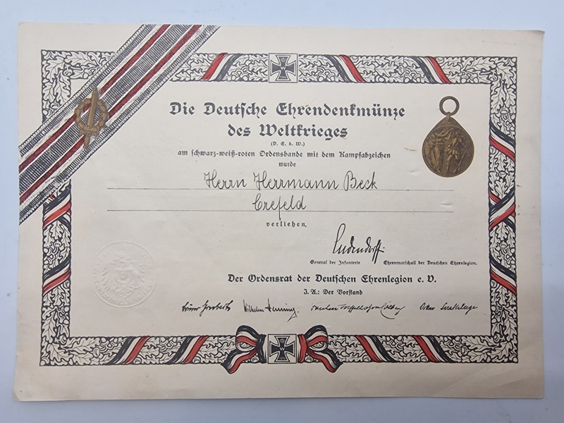 Originalt Urkunde Deutsche Ehrendenkmünze des Weltkrieges