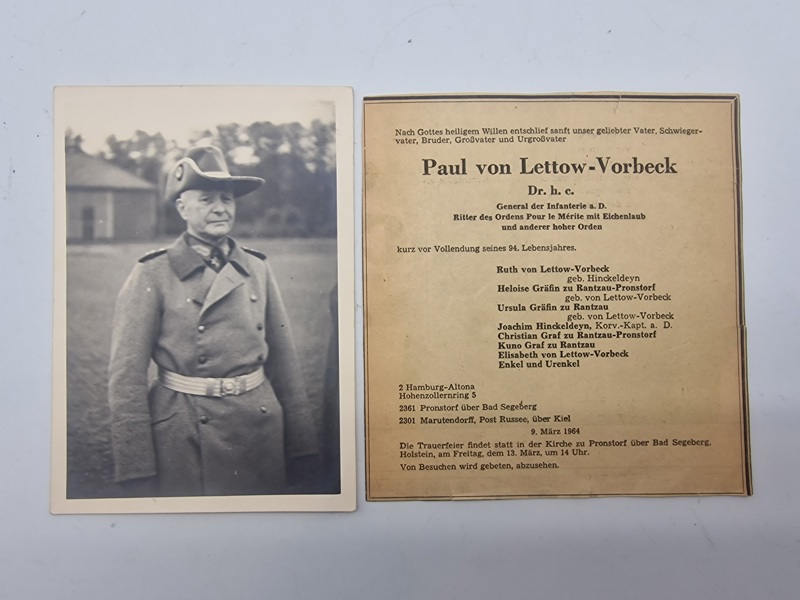 Originalt foto & dødsannonce for Paul von Lettow-Vorbeck, som døde kort før sin 94-års fødselsdag