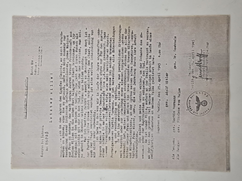 Originalt udskrift til Adolf Hitlers testamente, sendt til forskellige tyske byer i de sidste dage under 2.verdenskrig 