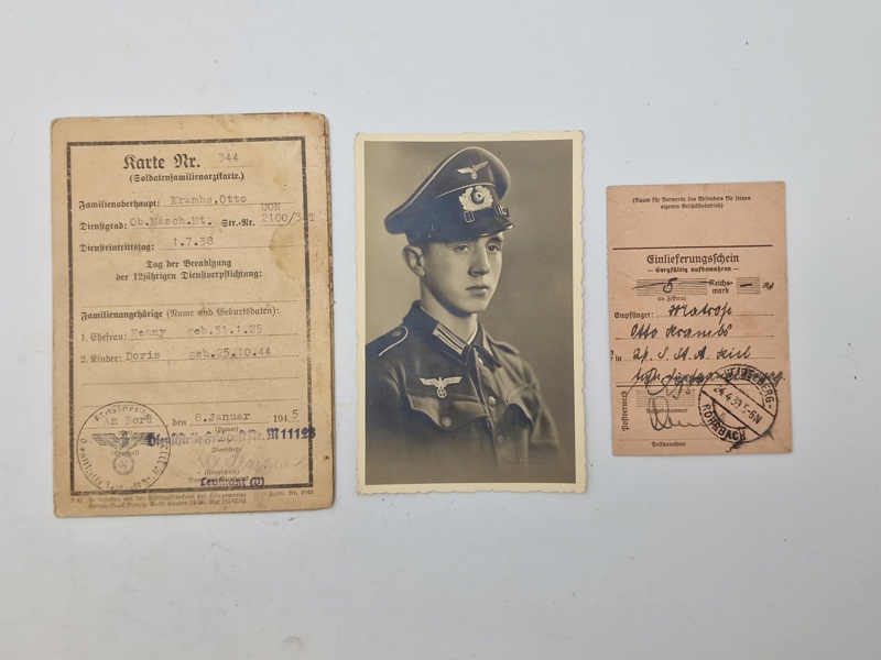 Originalt Soldatenfamilienarztkarte fra Anden Verdenskrig, dateret den 8. januar 1945, samt billede 