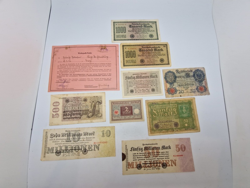 Samling originale tyske inflationssedler mm.