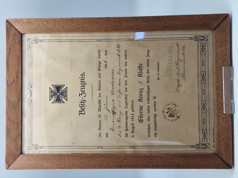 Originalt WW1 urkunde Jernkors 1 klasse