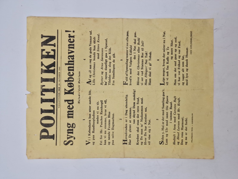 Original spiseseddel fra Politiken, 1945 (valgaftenen 30 september)