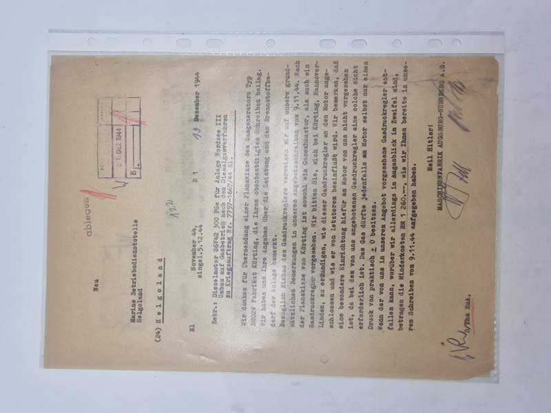 Originalt brev fra Maschinenfabrik Augsburg-Nürnberg A.G. (MAN) dateret den 13. december 1944, adresseret til Marine Betriebsdienststelle Helgoland