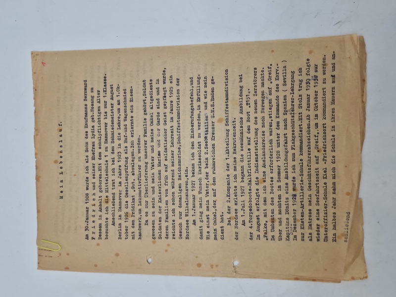 Originalt “Mein Lebenslauf" (mit livsforløb), der beskriver en mands liv og karriere i den tyske flåde - ww2