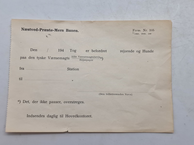 Original værnemagts seddel fra lokal togbane  
