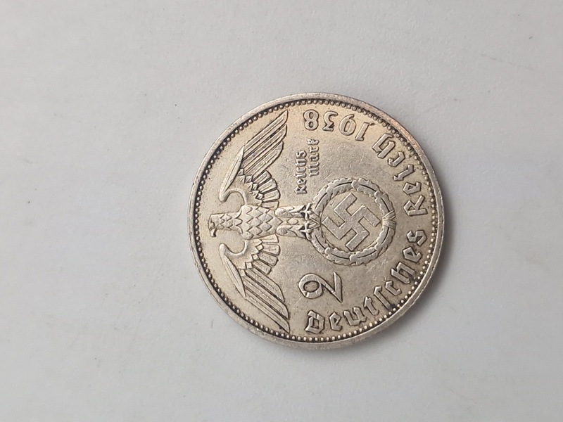Mønt sølv 2 mark med hagekors 1938 A