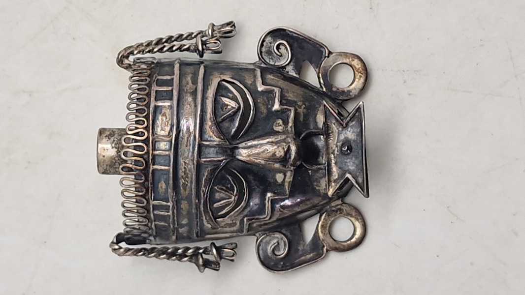 Original Vtg Ethnic Tribal Mask BROOCH PIN Sterling Silver TAXCO Signed Gemstone Détail