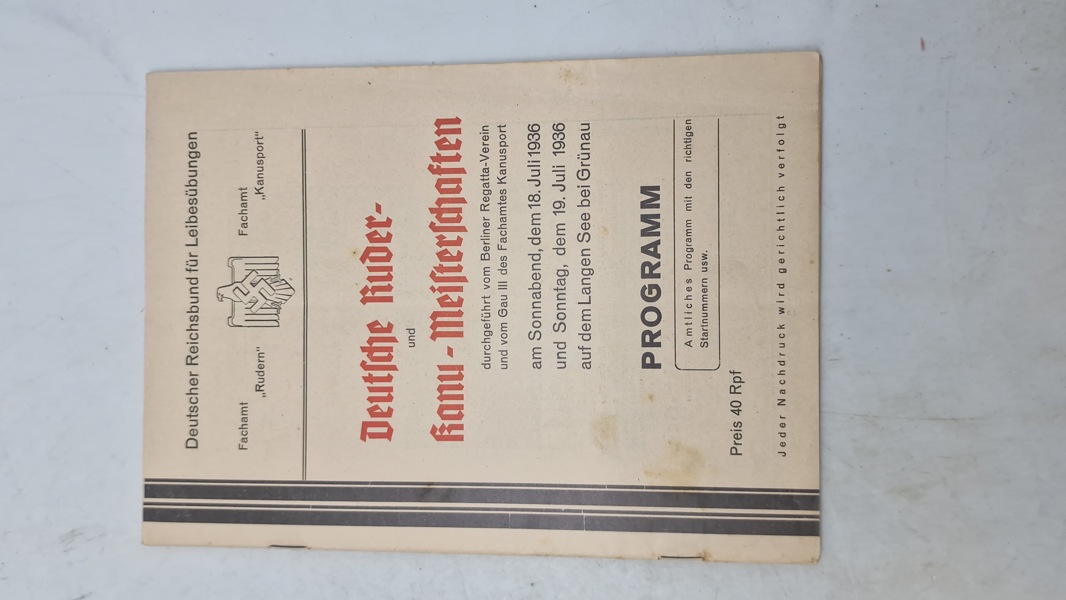 Originalt program for de tyske ro- og kanomesterskaber, der fandt sted den 18. og 19. juli 1936 på Langen See ved Grünau.