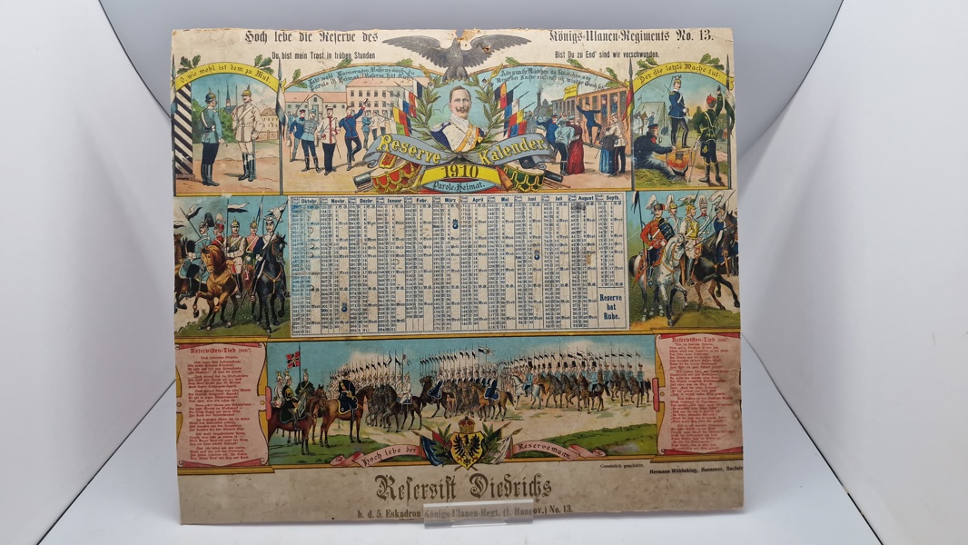 Original  "Reserve Kalender" fra 1910 for Königs-Ulanen-Regiment Nr. 13 og er dedikeret til "Reservist Diedrichs" fra 5. Eskadron