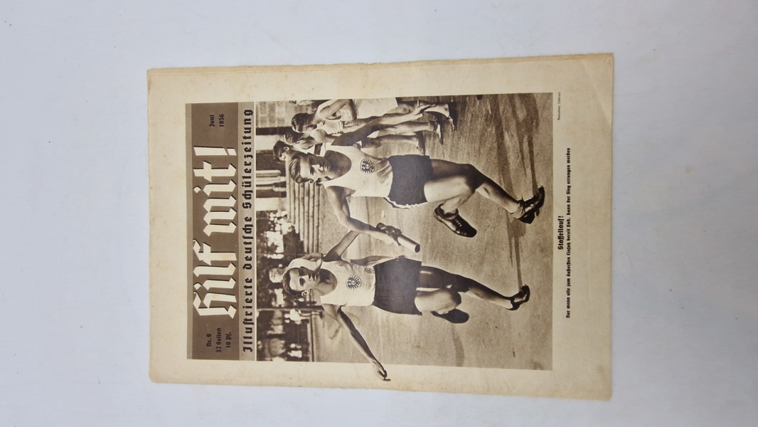 Originalt Hilf mit! Illustrierte deutsche Schülerzeitung" fra juni 1936. Magasinet var en del af "Berliner Illustrirte Zeitung" (BIZ)