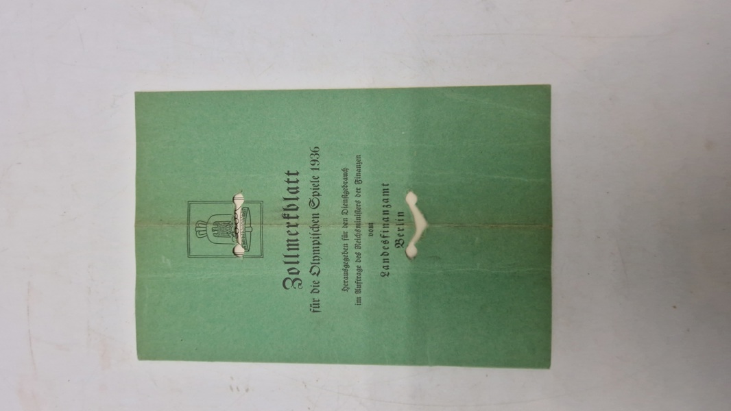 Originalt Zollmerkblatt für die Olympischen Spiele 1936" (Toldnotat for De Olympiske Lege 1936),
