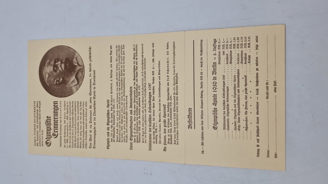 Original bestillings seddel til litteratur mm omhandlende olympiaden 1936