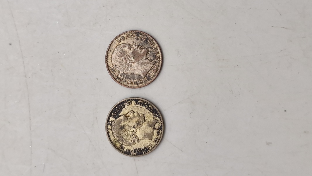 Originale danske sølvmønter, 25 øre fra 1905 & skilling fra 1866