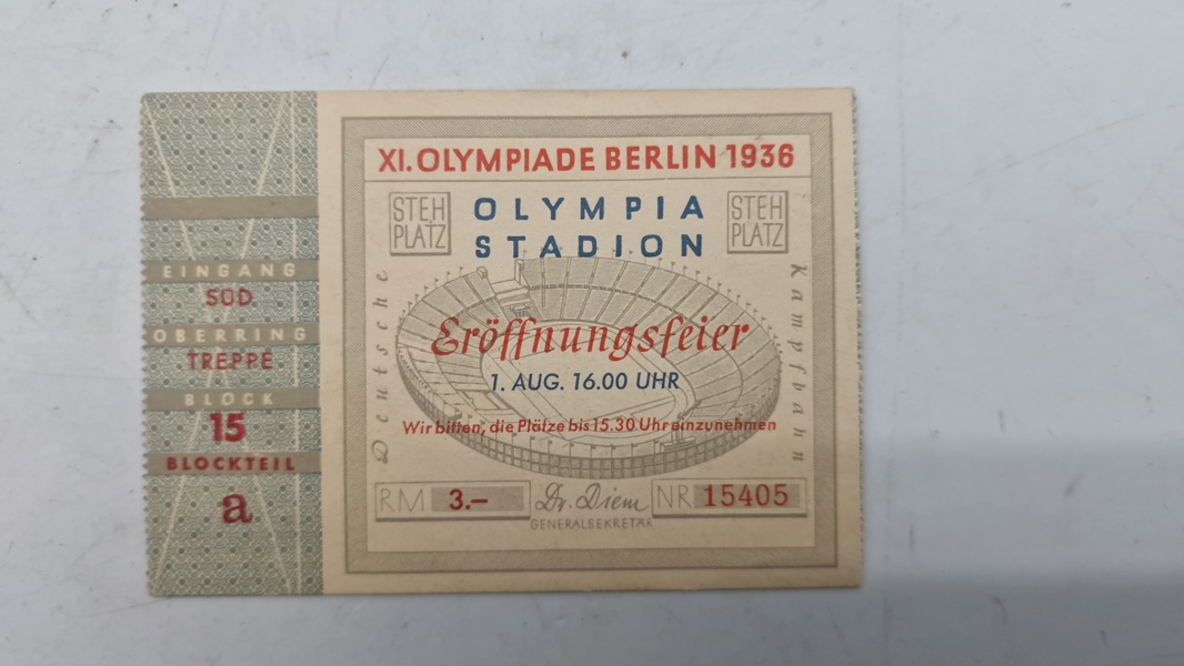 Original billet til åbningsceremonien for De XI Olympiske Lege i Berlin i 1936. 
Begivenhed: Åbningsceremonien for De XI Olympiade Berlin 1936.
