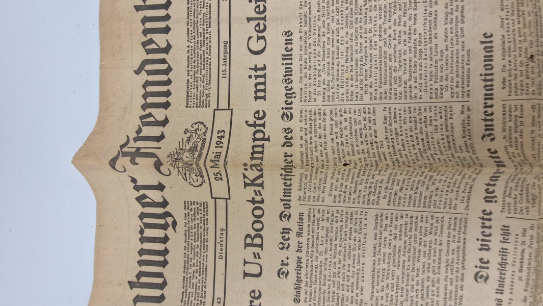 Originalt eks. af "Hamburger Fremdenblatt" fra 1943