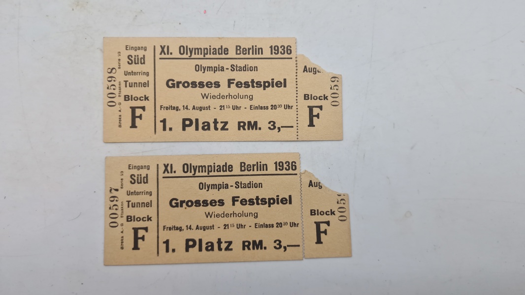 Originale billetter til De Olympiske Lege i Berlin i 1936, specifikt til "Großes Festspiel"