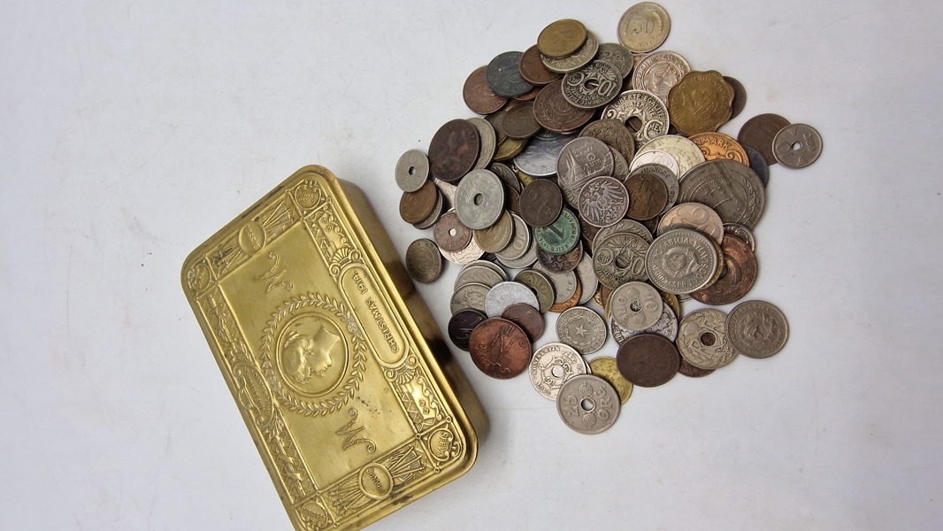 Original WW1 British Army 1914 Christmas Mary Tin med samling mønter
