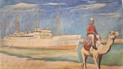 Maleri af Jutlandia der sejler gennem Suez-kanalen 1963