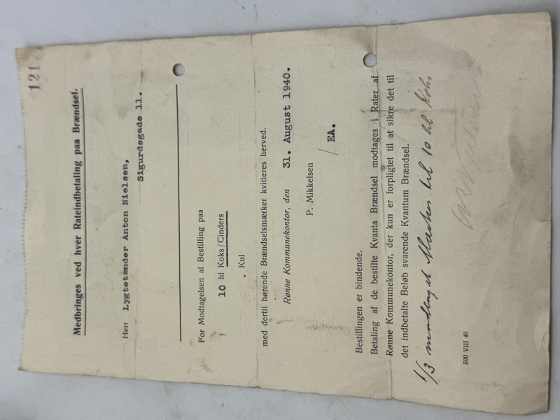 Original bestillingsseddel på koks, 2.verdenskrig