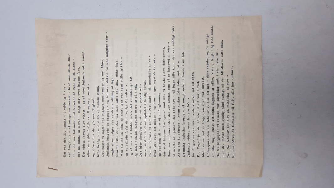 Brev skrevet i 1952, omhandlende afgang og sejlads med Jutlandia