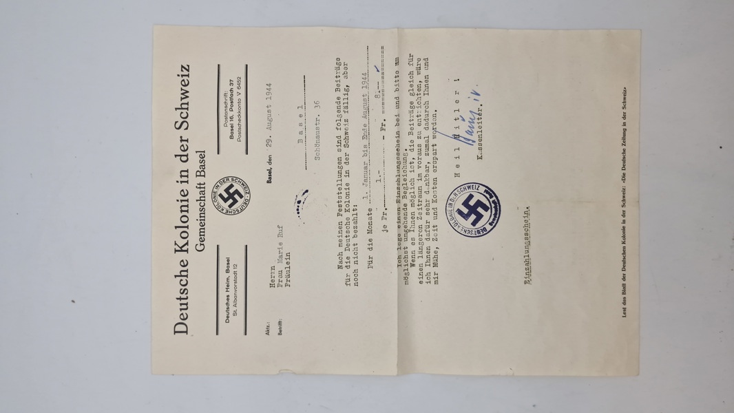 Originalt  brev fra "Deutsche Kolonie in der Schweiz, Gemeinschaft Basel" dateret den 29. august 1944, adresseret til fru Marie Ruf, hvori hun anmodes om at betale udestående bidrag