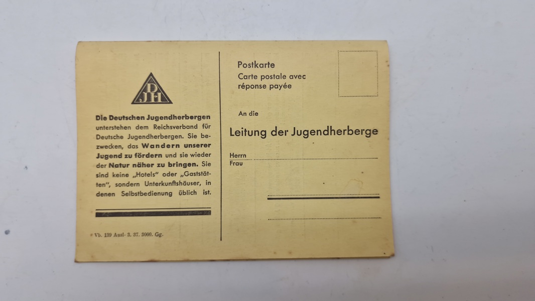 Originalt postkort fra de Tyske Ungdomsherberger (Deutschen Jugendherbergen), som var en del af Reichsverband for Jugendherbergen -ww2