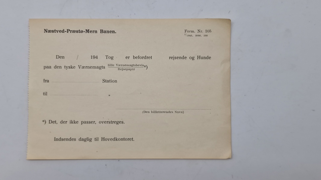 Originalt værnemagtsbevis fra Næstved-Præstø-Mern banen 