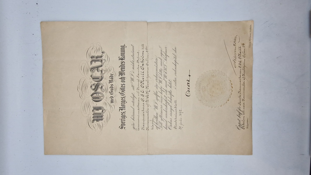 Originalt urkunde underskrevet af den Svenske konge til Oscar Siegfred Christian O'Neill O'Neill Oxholm, 1855 - 1926