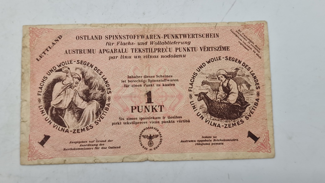 Original Ostland Spinnstoffwaren-Punktwertschein (Ostland tekstilvare-pointkupon) udstedt under den tyske besættelse af de baltiske stater (Lettland, Litauen, Estland) under Anden Verdenskrig