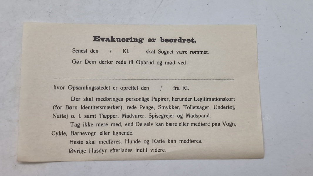 Original dansk evakueringsseddel, ww2