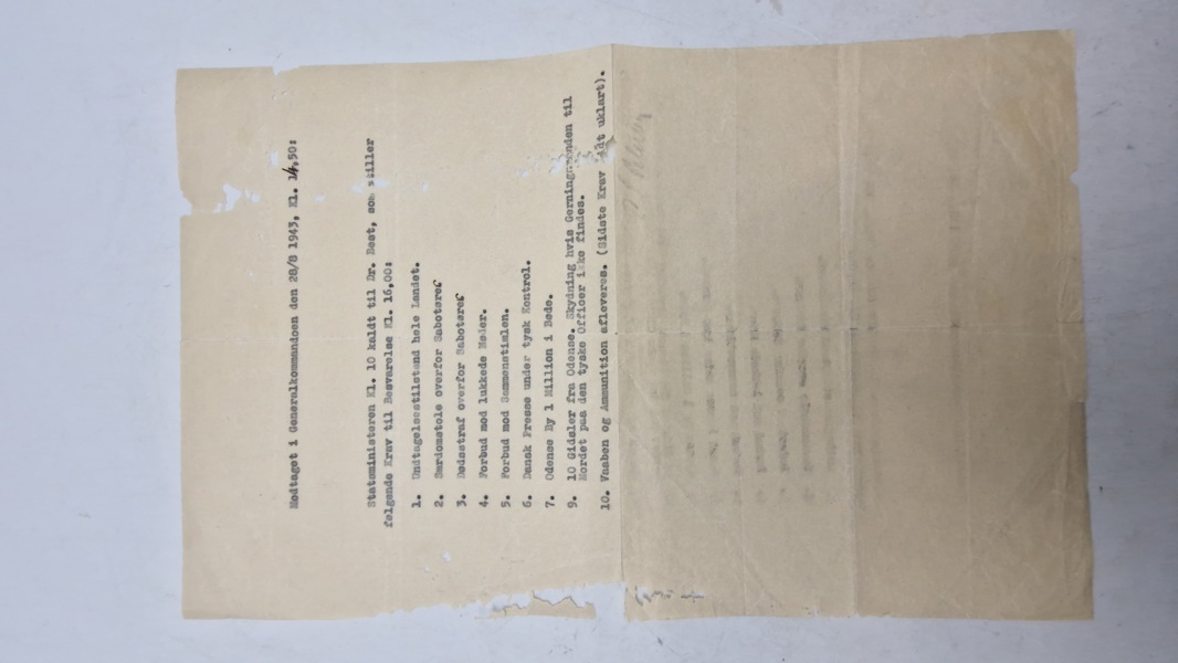 Originalt Dokument der beskriver de tyske krav til den danske regering under Anden Verdenskrig, som førte til indførelsen af undtagelsestilstand i Danmark