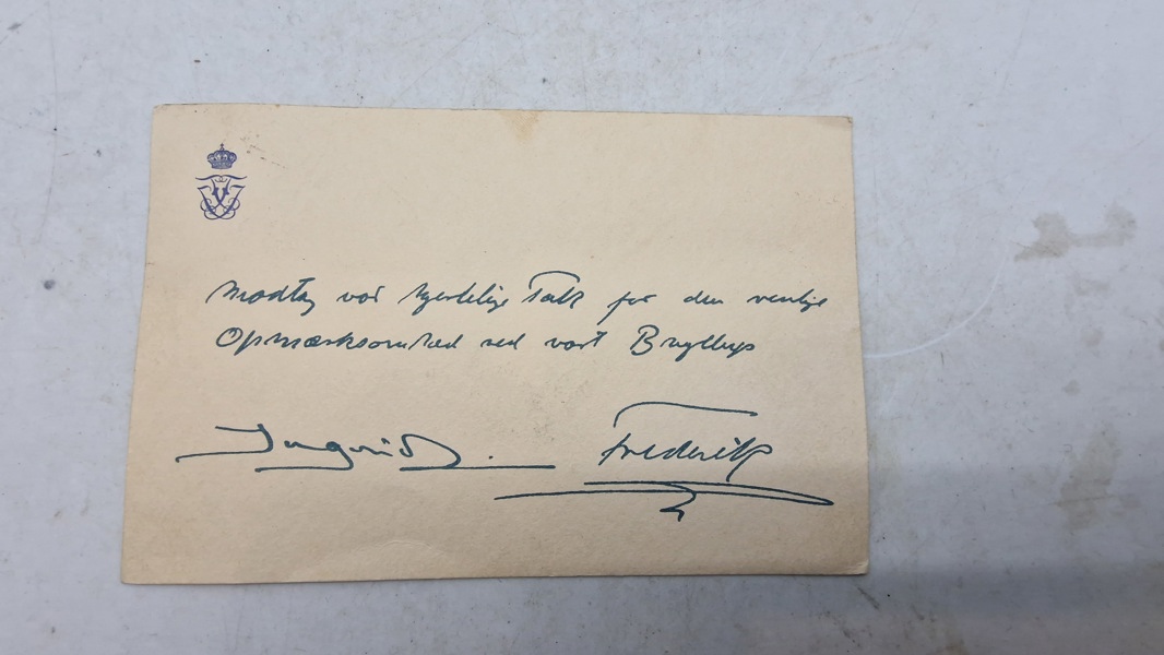 Ekstremt sjældent takkekort fra Brylluppet mellem prinsesse Ingrid og kronprins Frederik i 1935